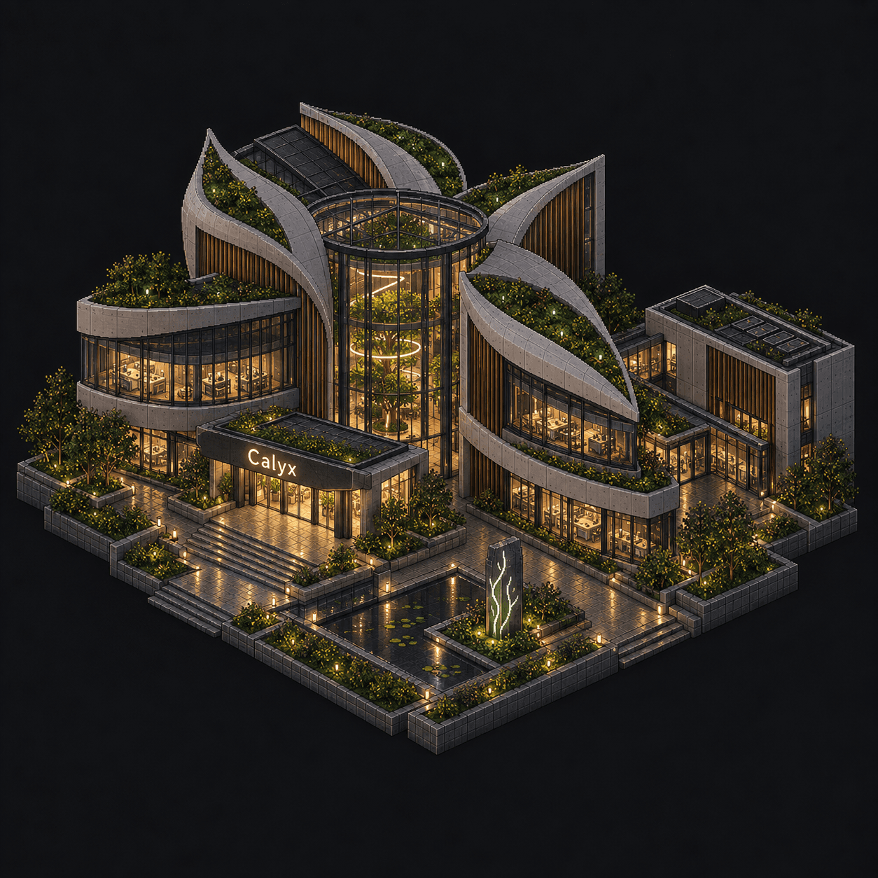 Isometric pixel-art headquarters of Calyx
