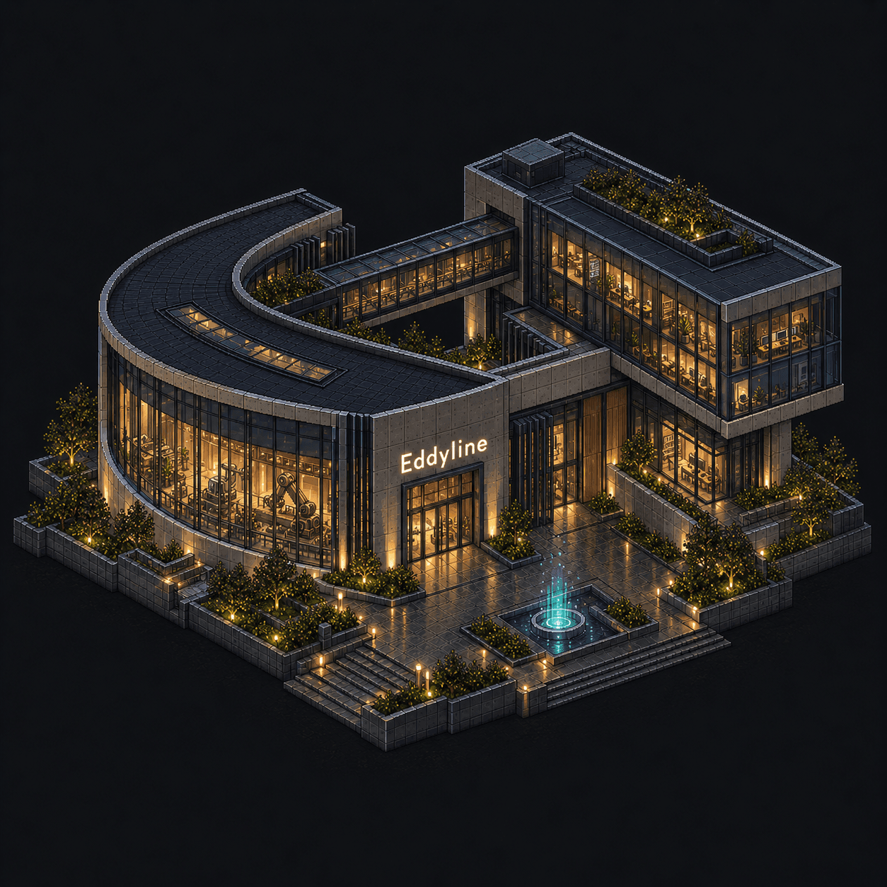 Isometric pixel-art headquarters of Eddyline
