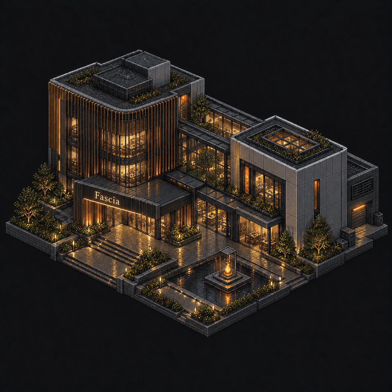Isometric pixel-art headquarters of Fascia