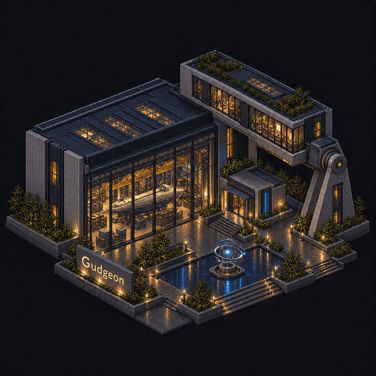 Isometric pixel-art headquarters of Gudgeon