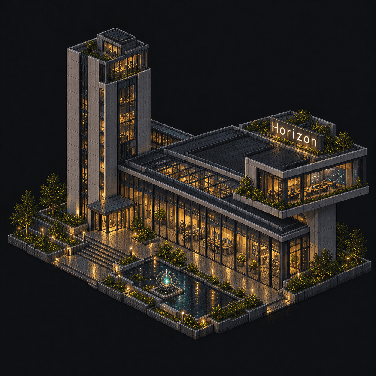 Isometric pixel-art headquarters of Horizon