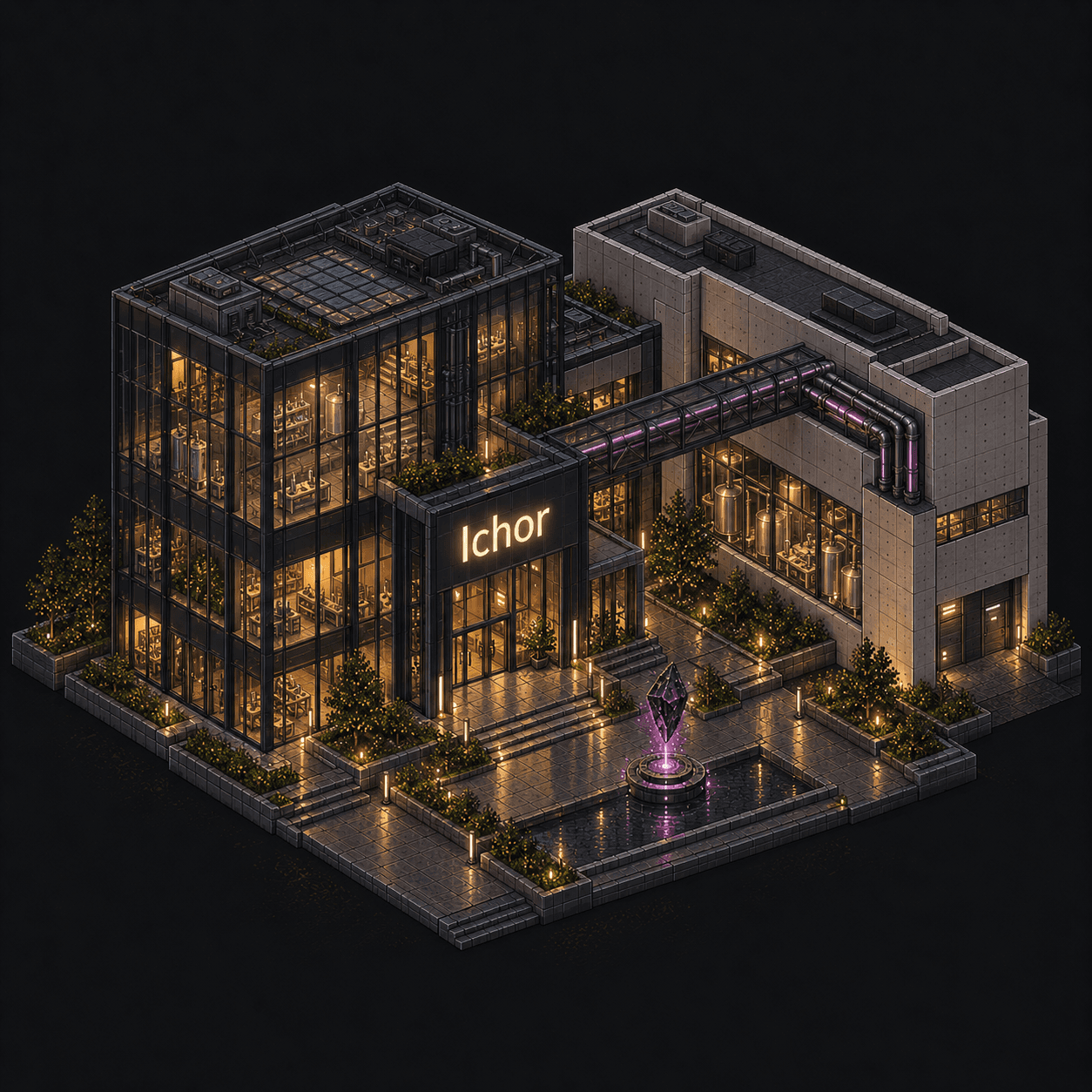 Isometric pixel-art headquarters of Ichor