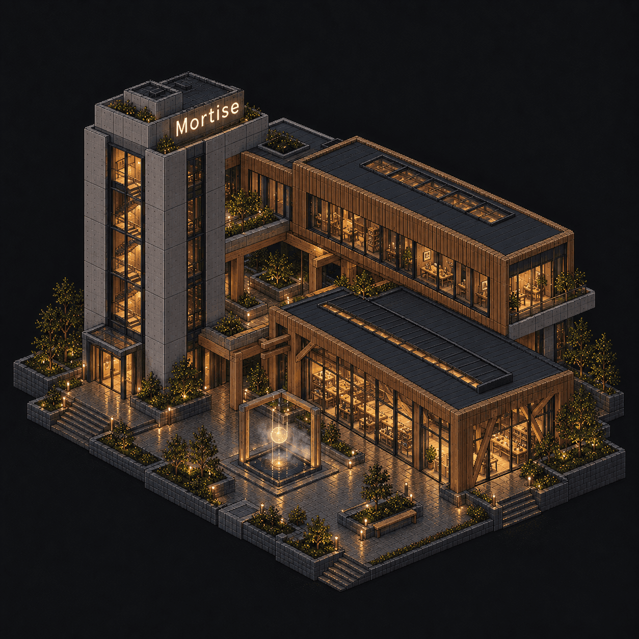 Isometric pixel-art headquarters of Mortise