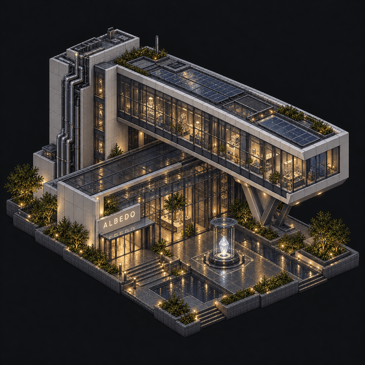 Isometric pixel-art headquarters of Albedo