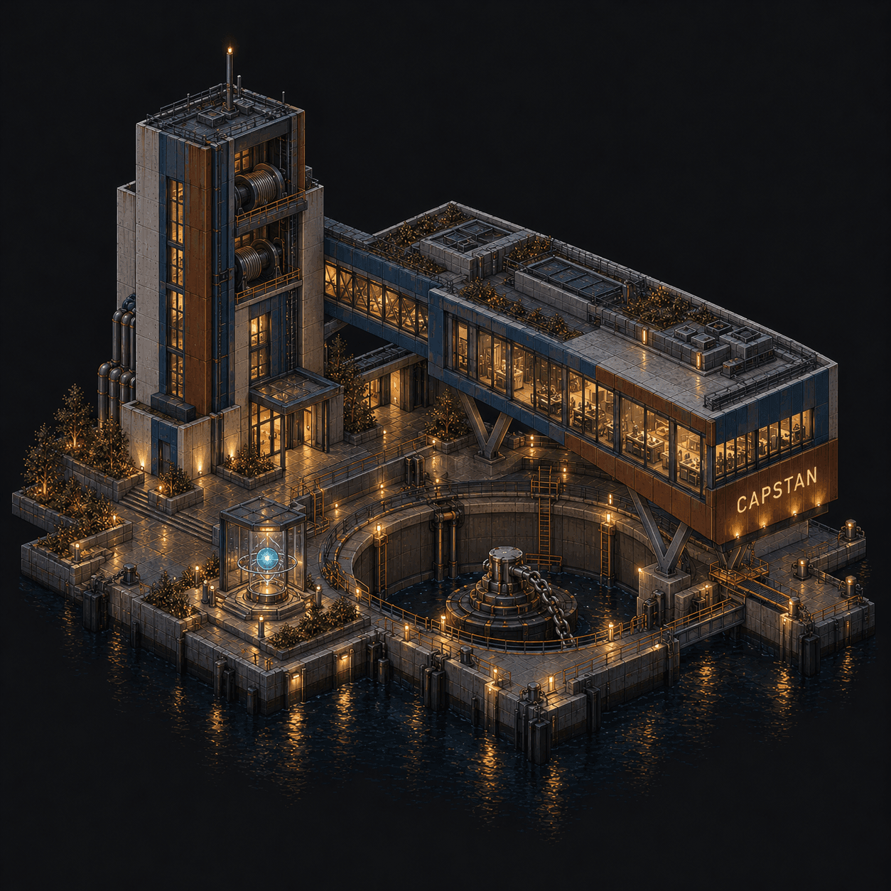 Isometric pixel-art headquarters of Capstan