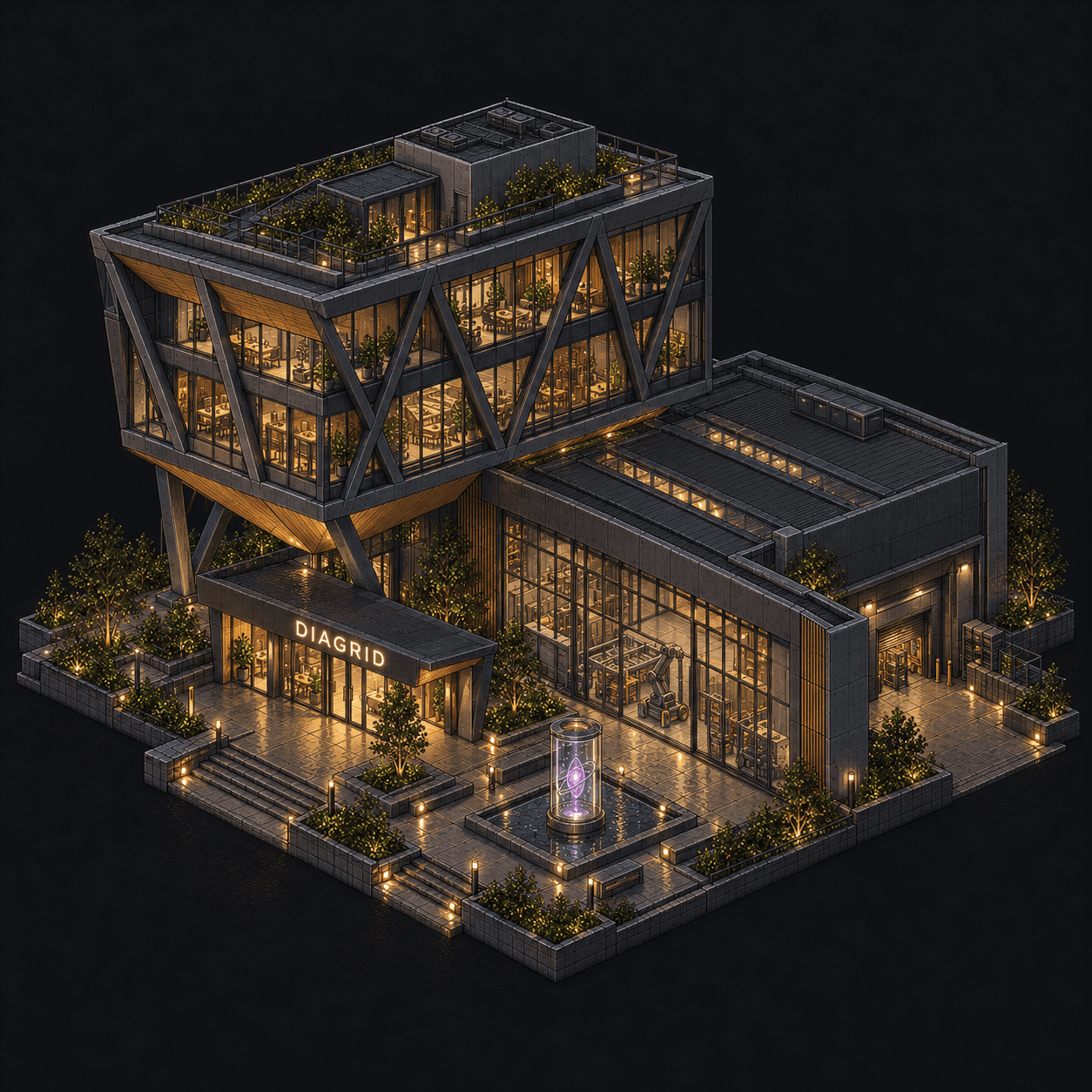 Isometric pixel-art headquarters of Diagrid