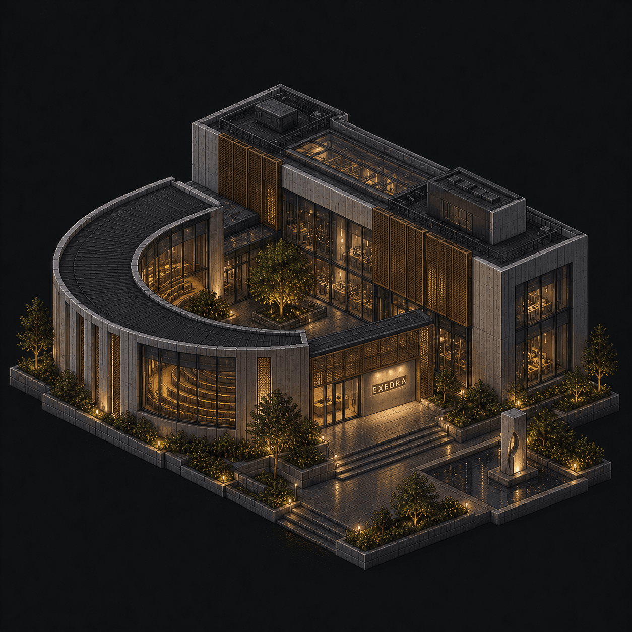 Isometric pixel-art headquarters of Exedra