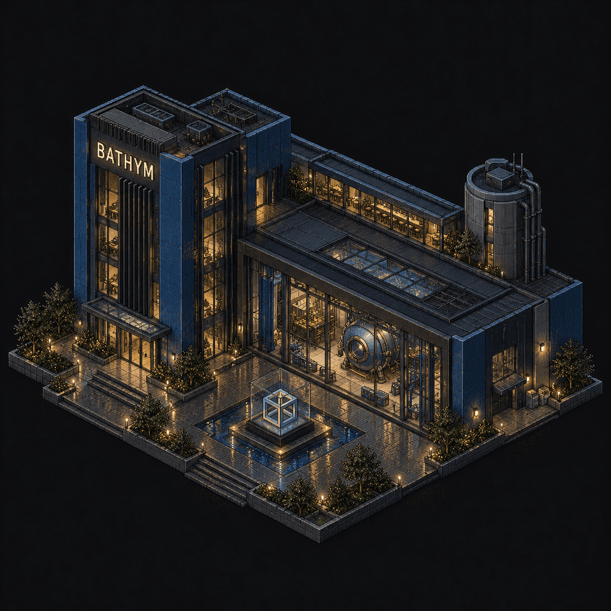 Isometric pixel-art headquarters of Bathym