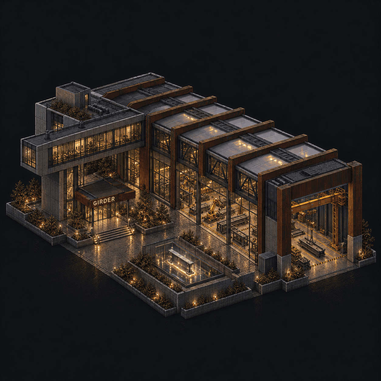 Isometric pixel-art headquarters of Girder