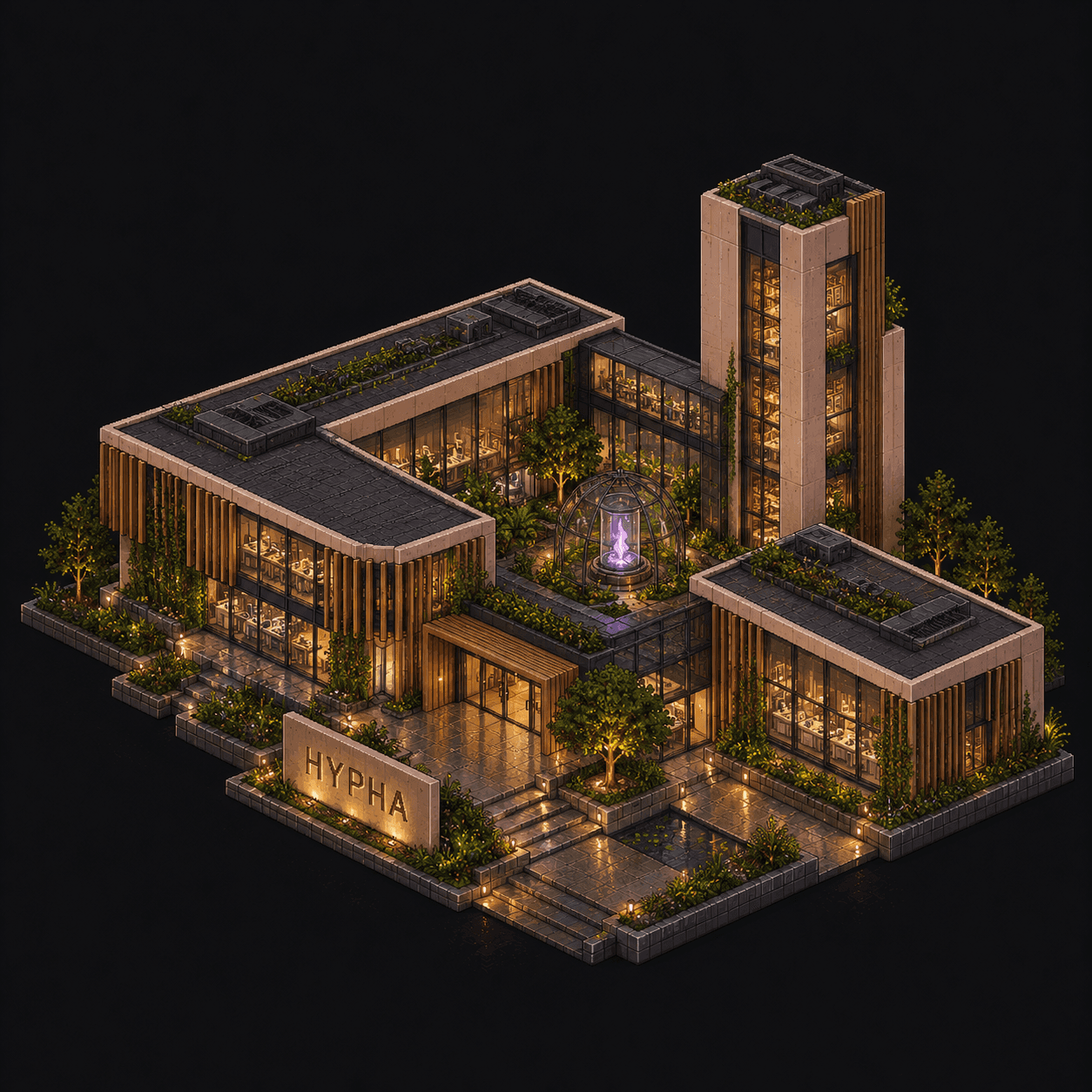 Isometric pixel-art headquarters of Hypha