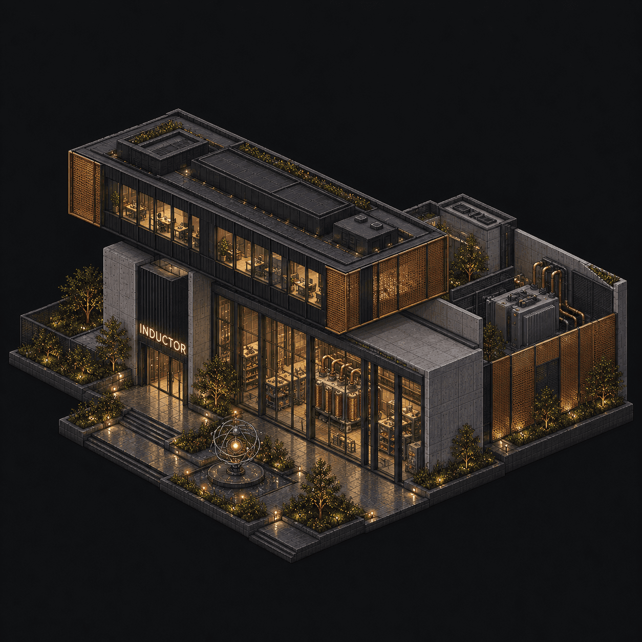 Isometric pixel-art headquarters of Inductor