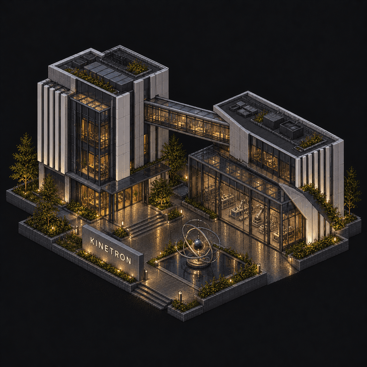 Isometric pixel-art headquarters of Kinetron