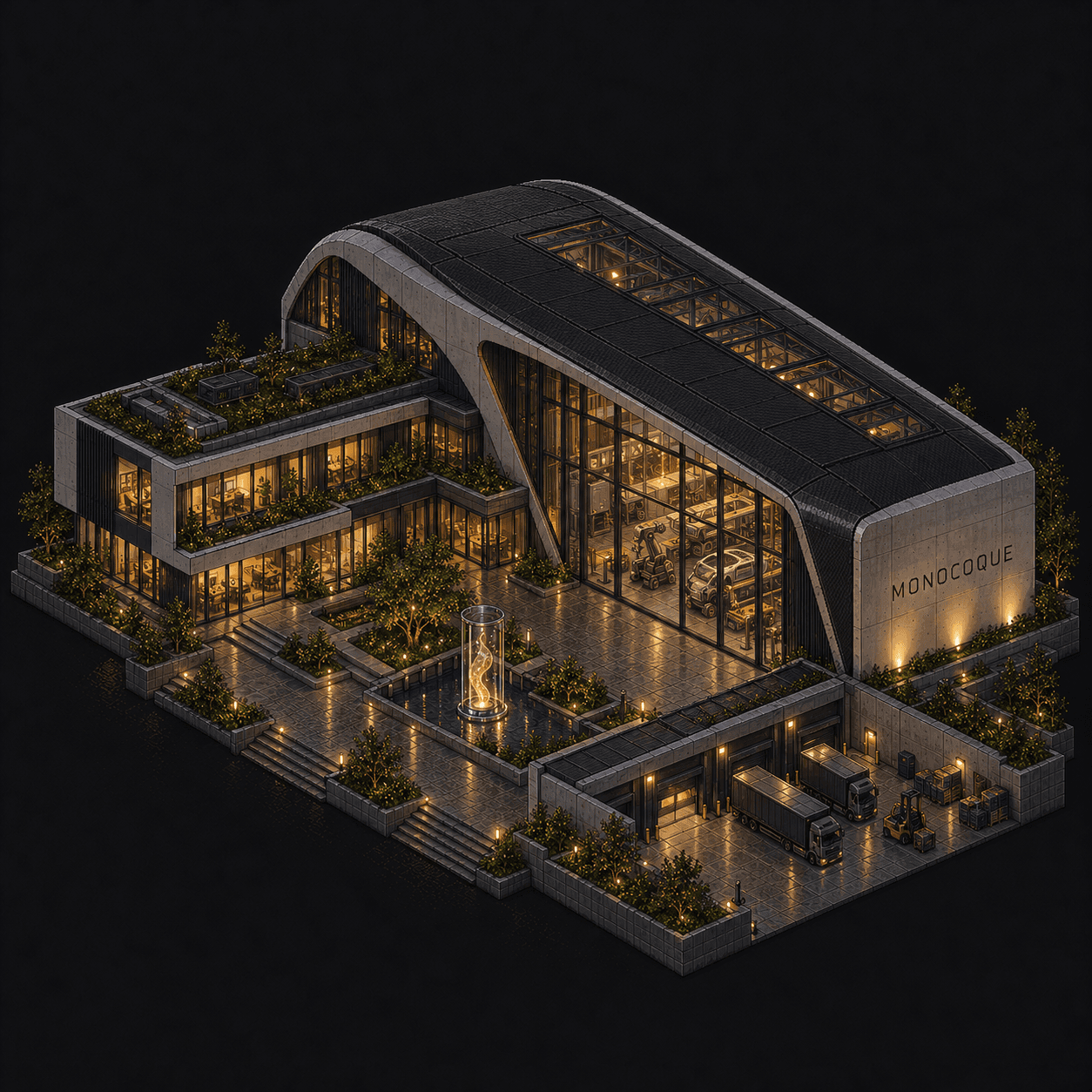 Isometric pixel-art headquarters of Monocoque
