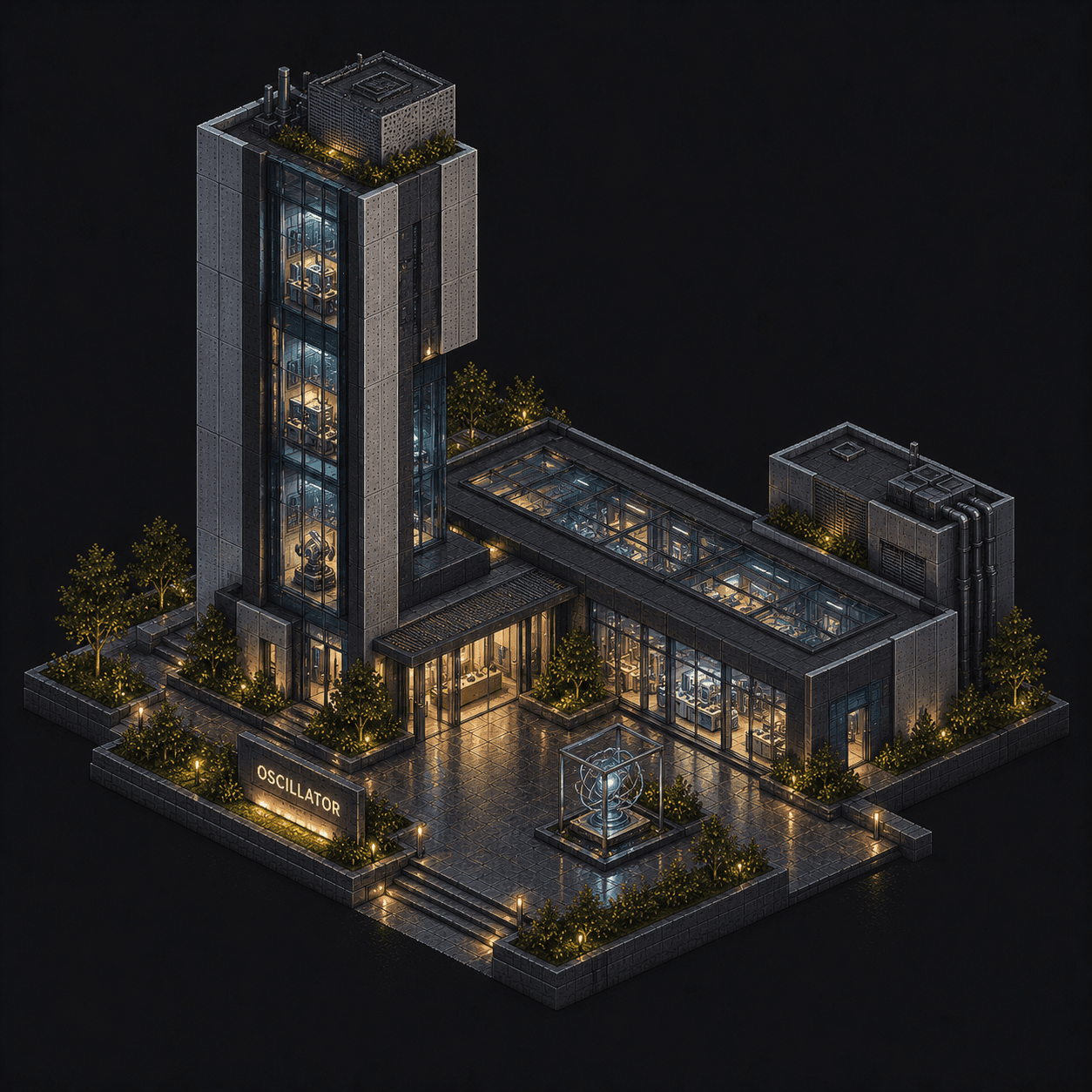 Isometric pixel-art headquarters of Oscillator