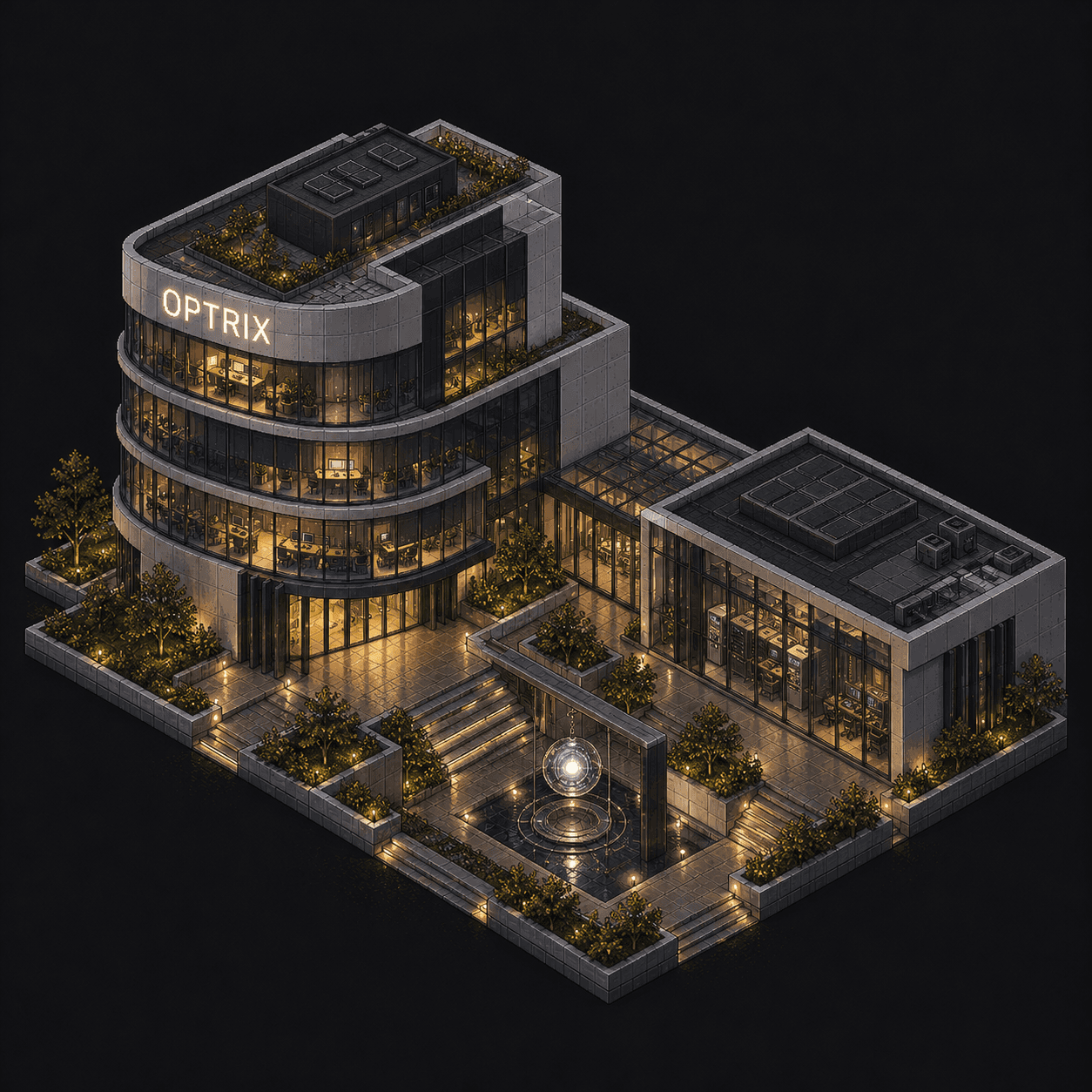 Isometric pixel-art headquarters of Optrix