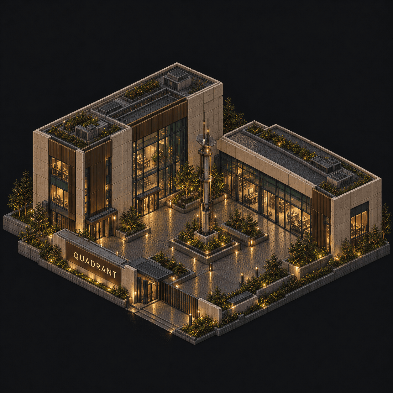 Isometric pixel-art headquarters of Quadrant