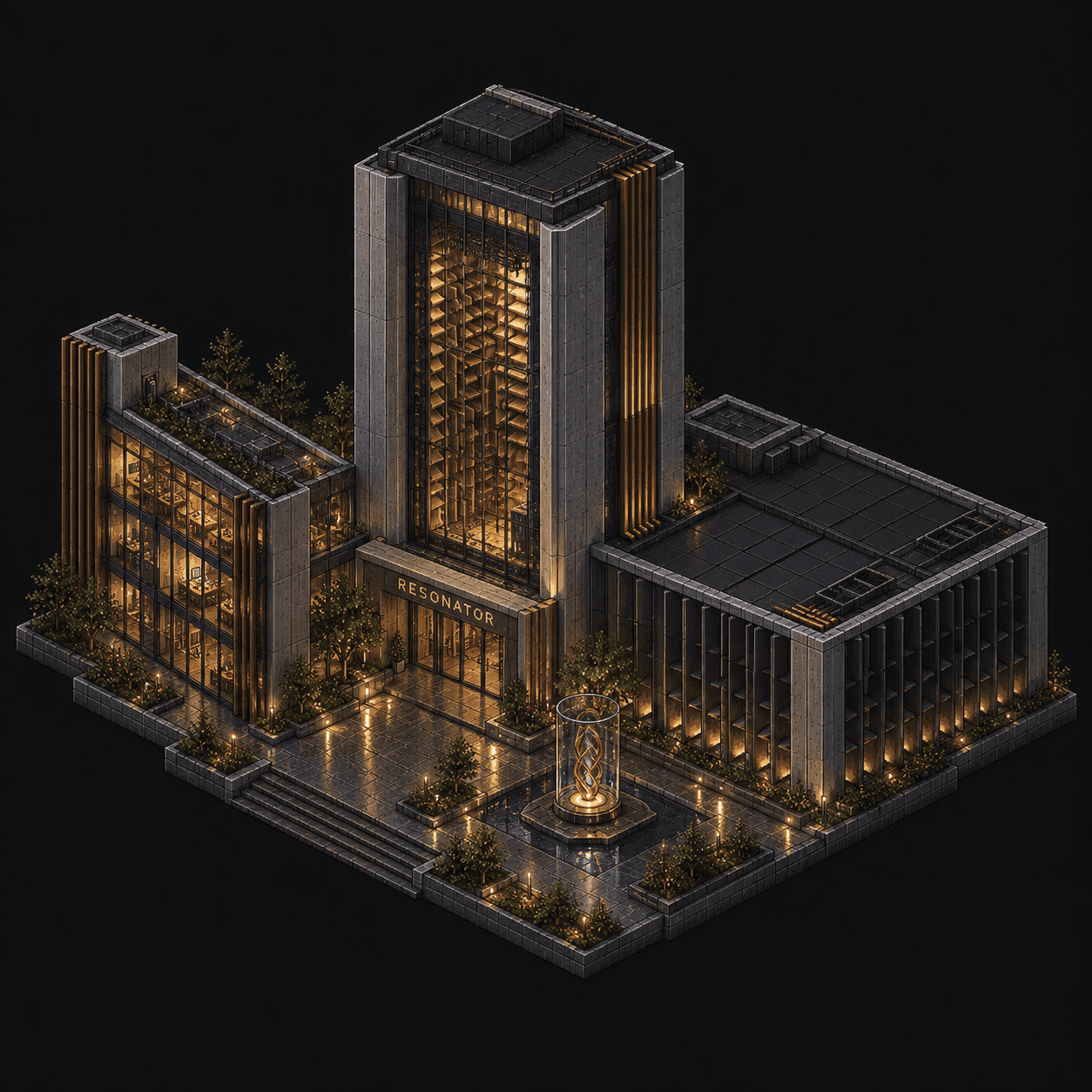 Isometric pixel-art headquarters of Resonator