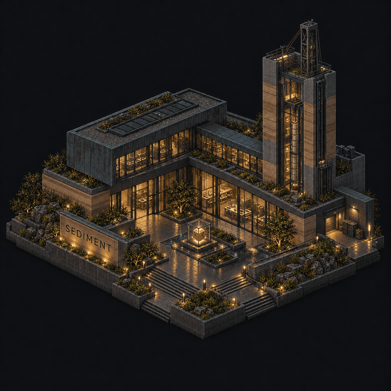 Isometric pixel-art headquarters of Sediment