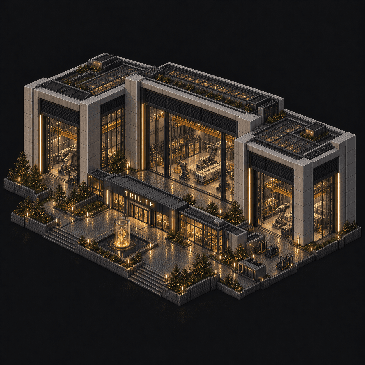 Isometric pixel-art headquarters of Trilith