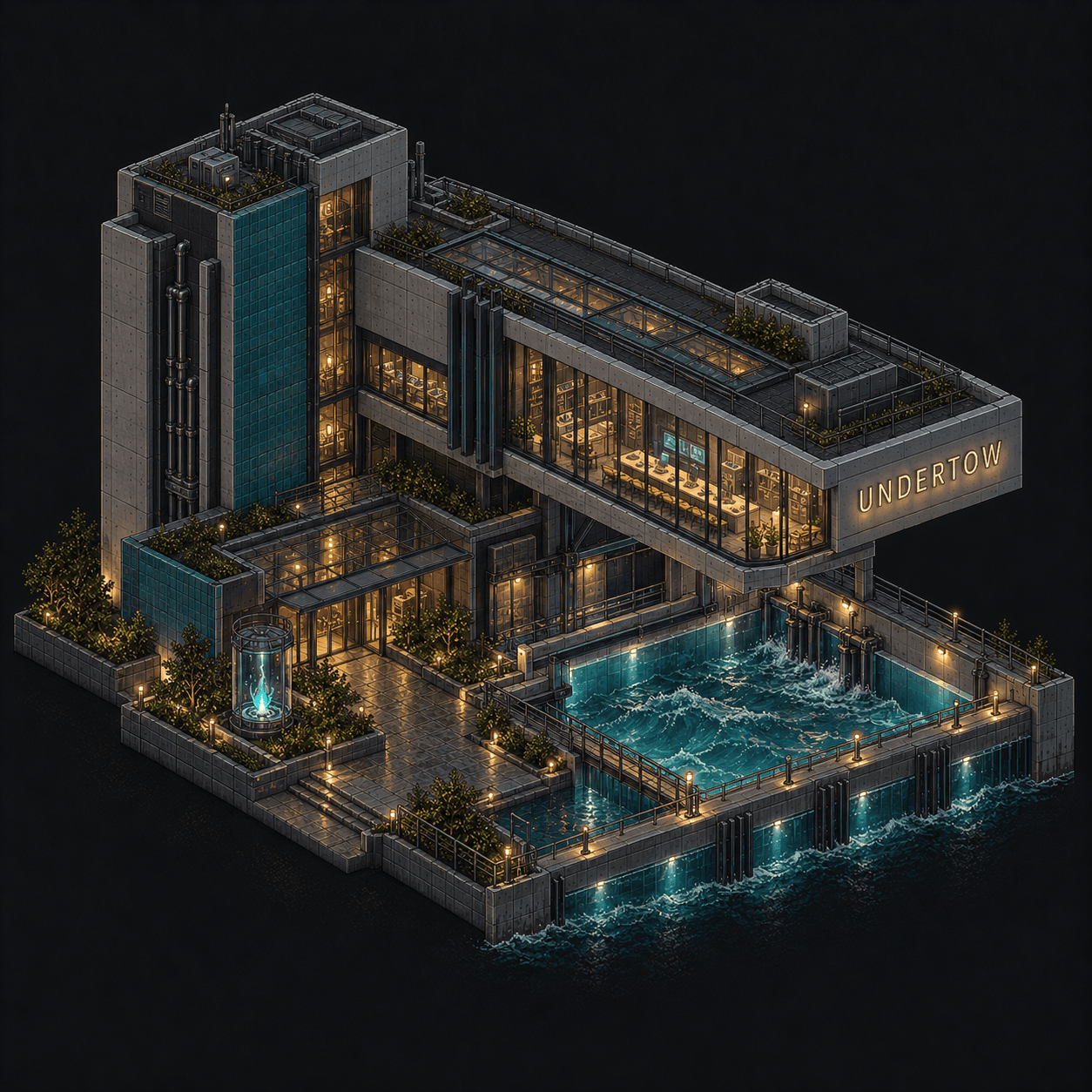 Isometric pixel-art headquarters of Undertow