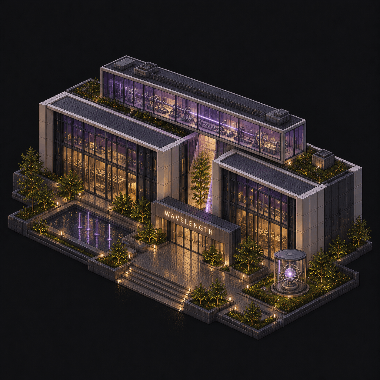 Isometric pixel-art headquarters of Wavelength