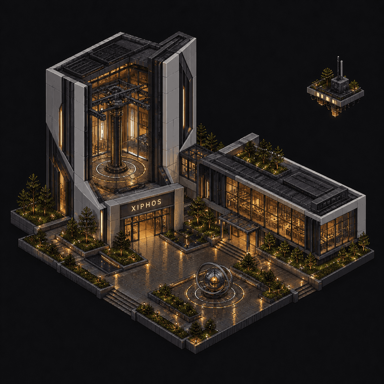 Isometric pixel-art headquarters of Xiphos