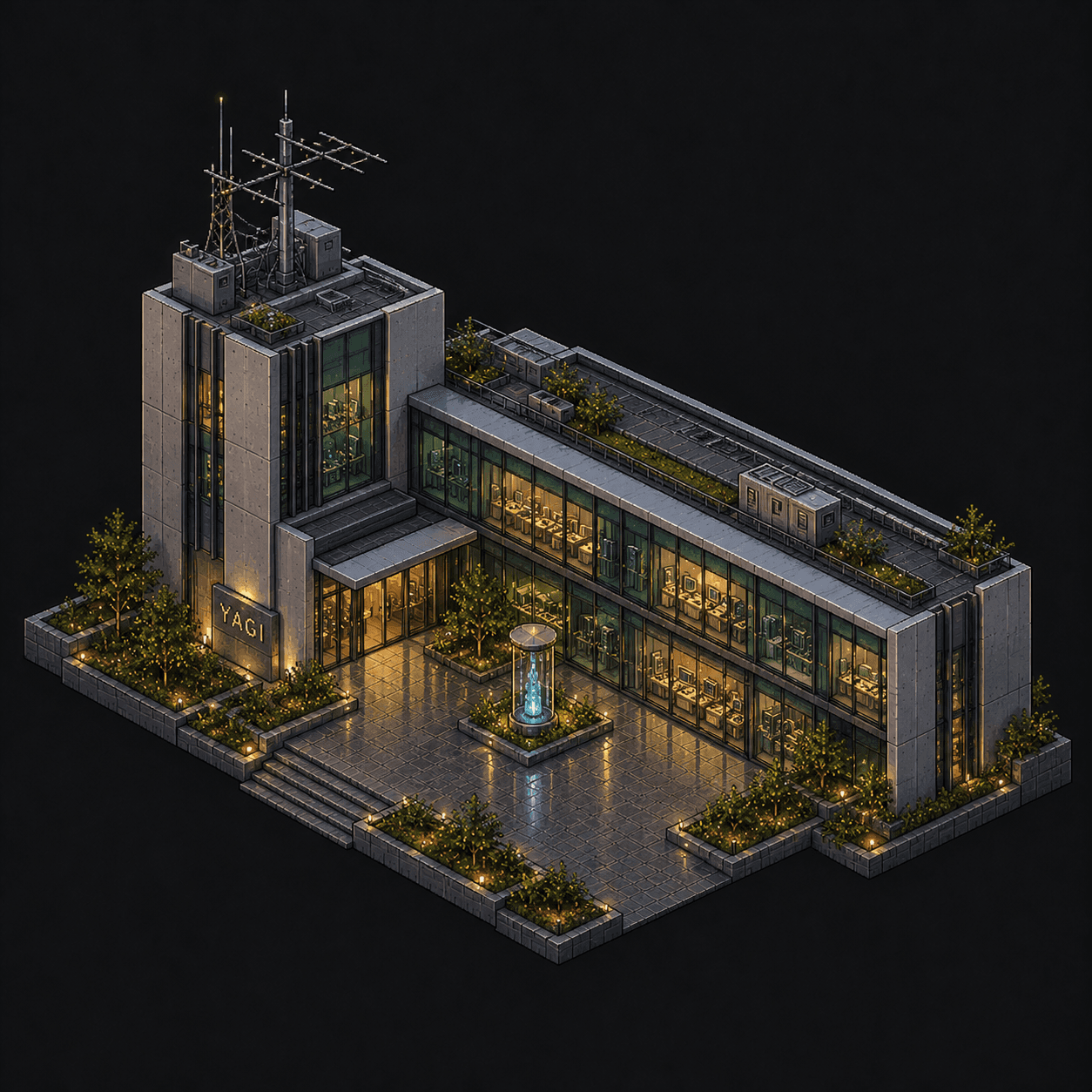 Isometric pixel-art headquarters of Yagi