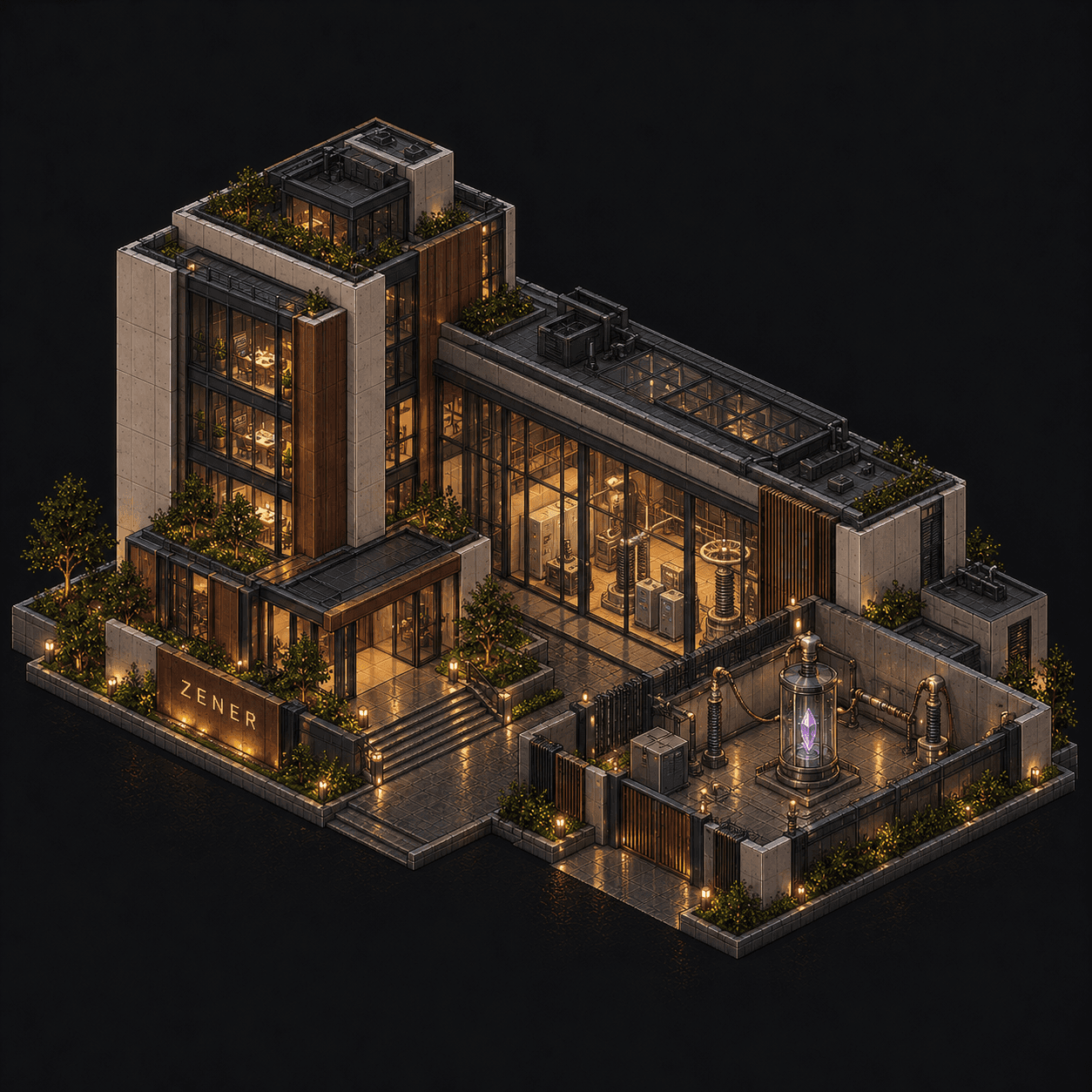 Isometric pixel-art headquarters of Zener