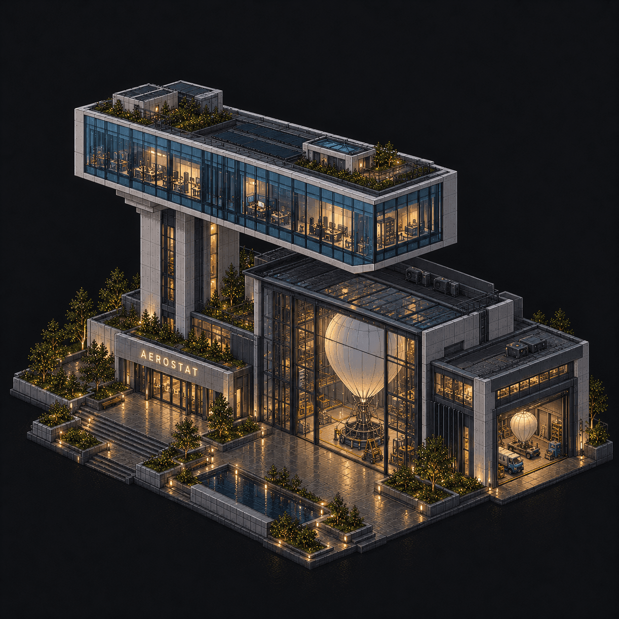Isometric pixel-art headquarters of Aerostat