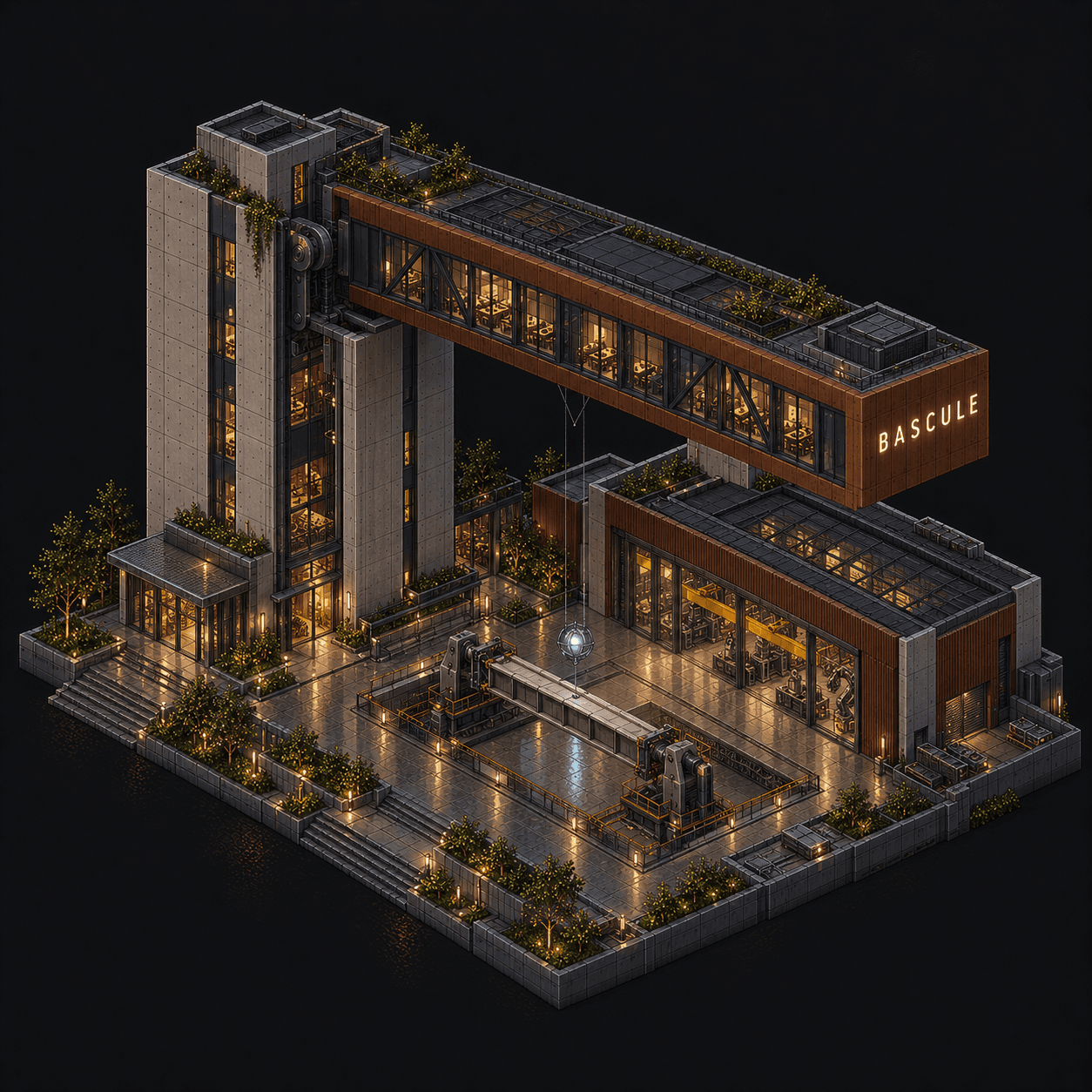 Isometric pixel-art headquarters of Bascule