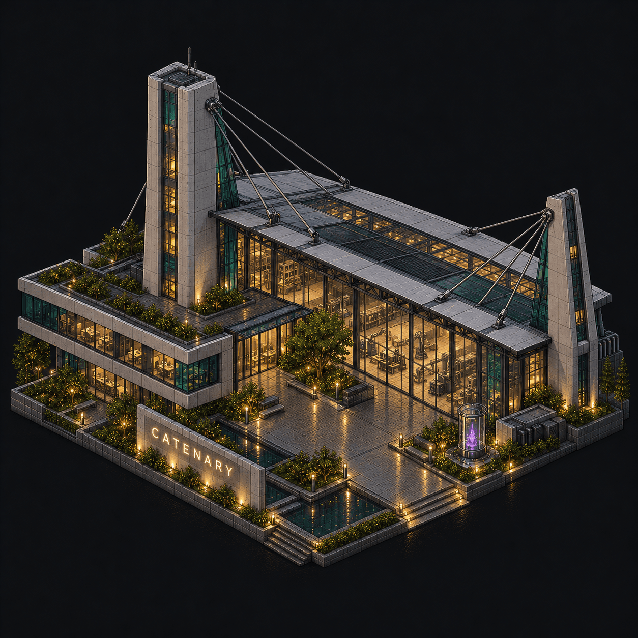Isometric pixel-art headquarters of Catenary