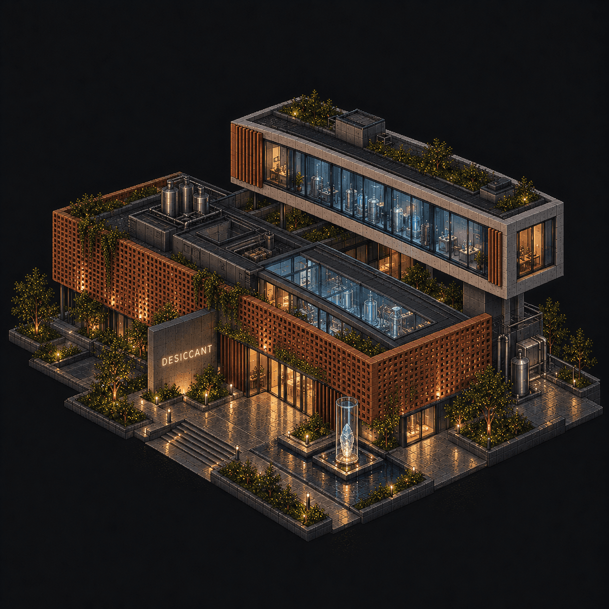 Isometric pixel-art headquarters of Desiccant