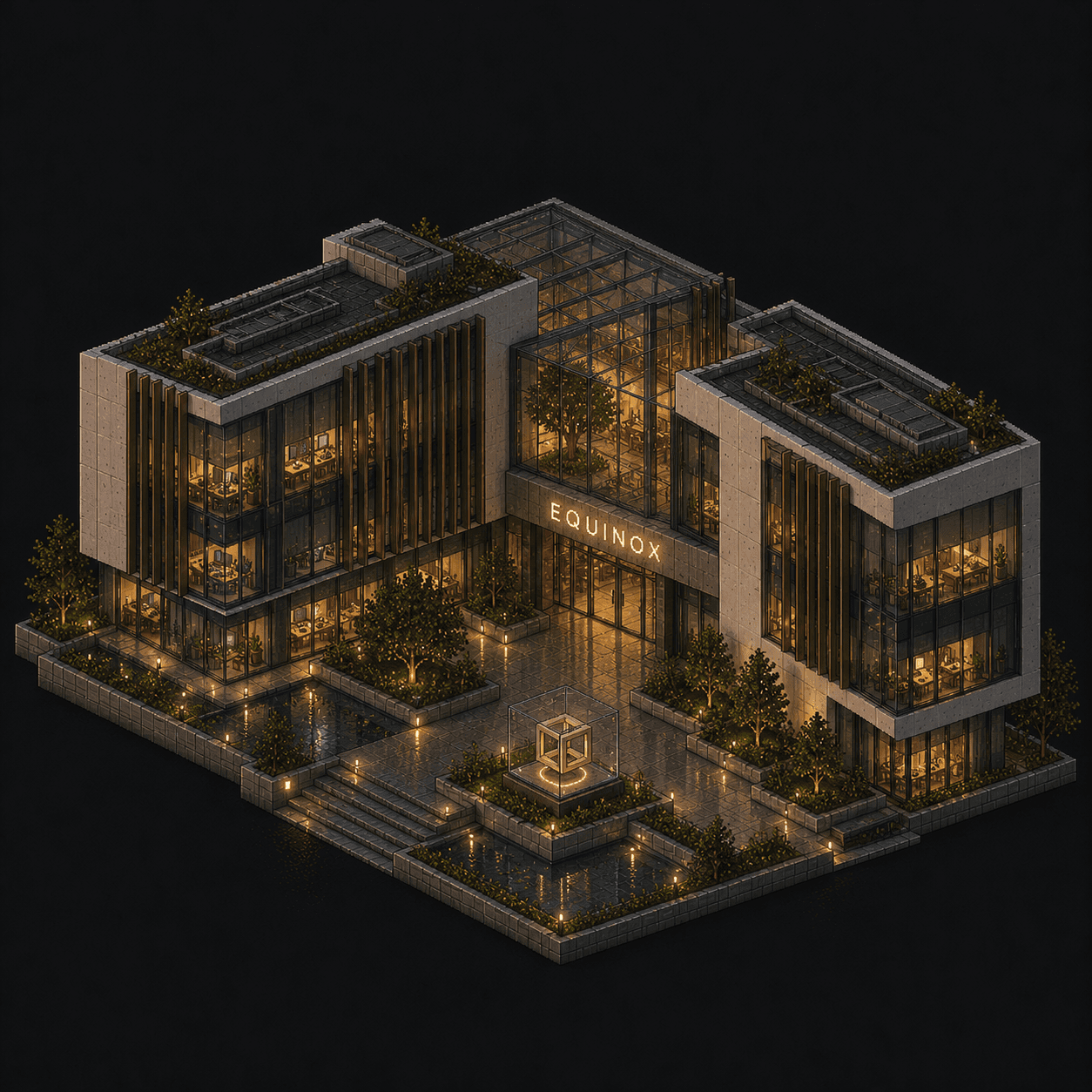 Isometric pixel-art headquarters of Equinox