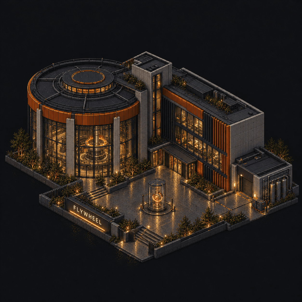 Isometric pixel-art headquarters of Flywheel