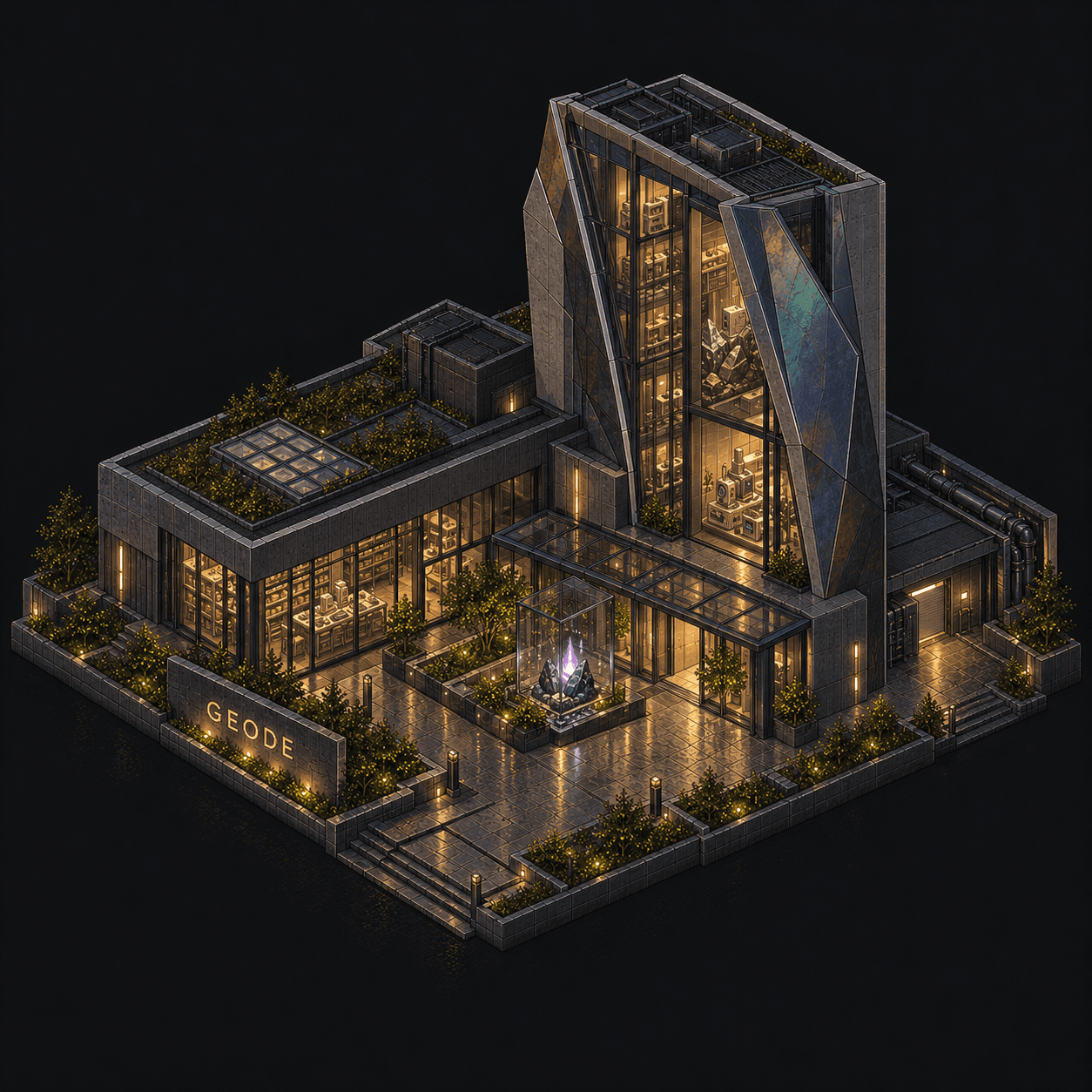 Isometric pixel-art headquarters of Geode