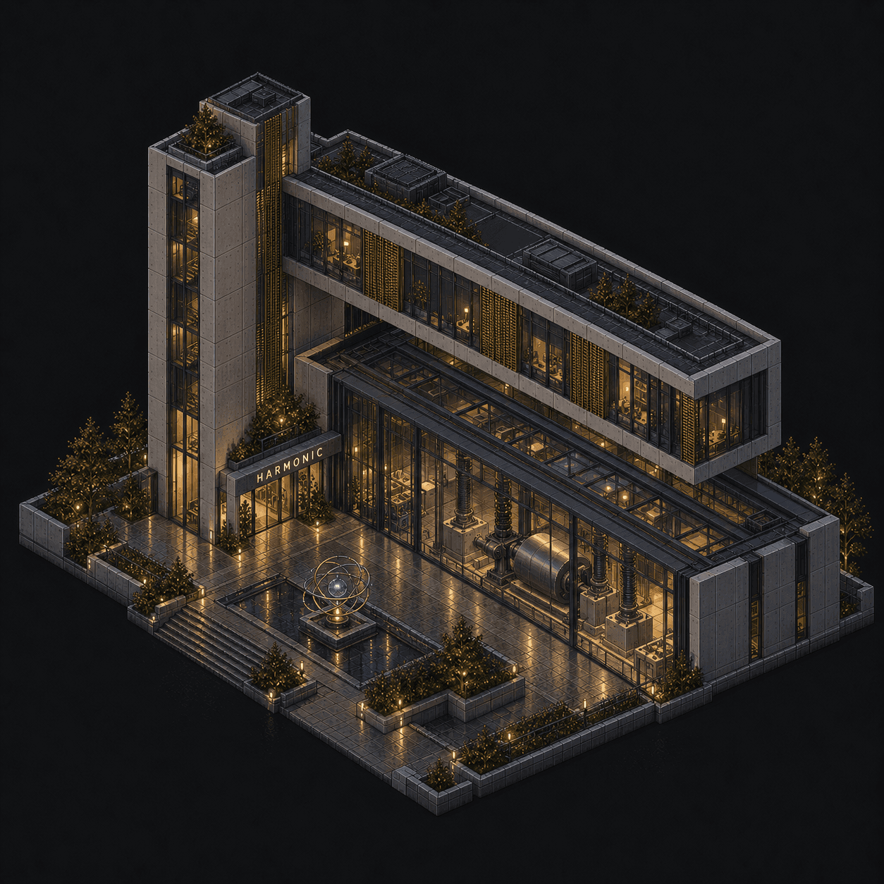 Isometric pixel-art headquarters of Harmonic