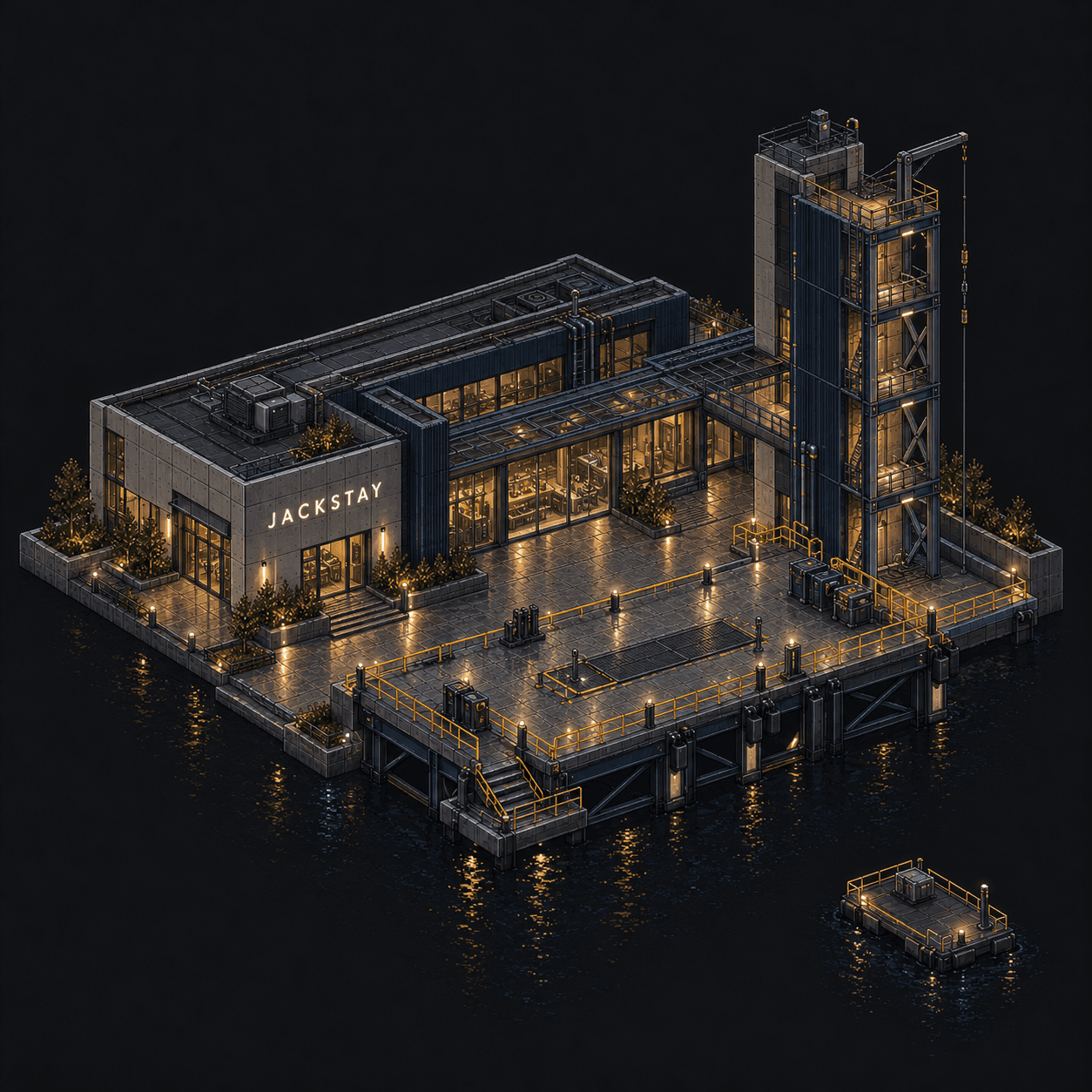 Isometric pixel-art headquarters of Jackstay