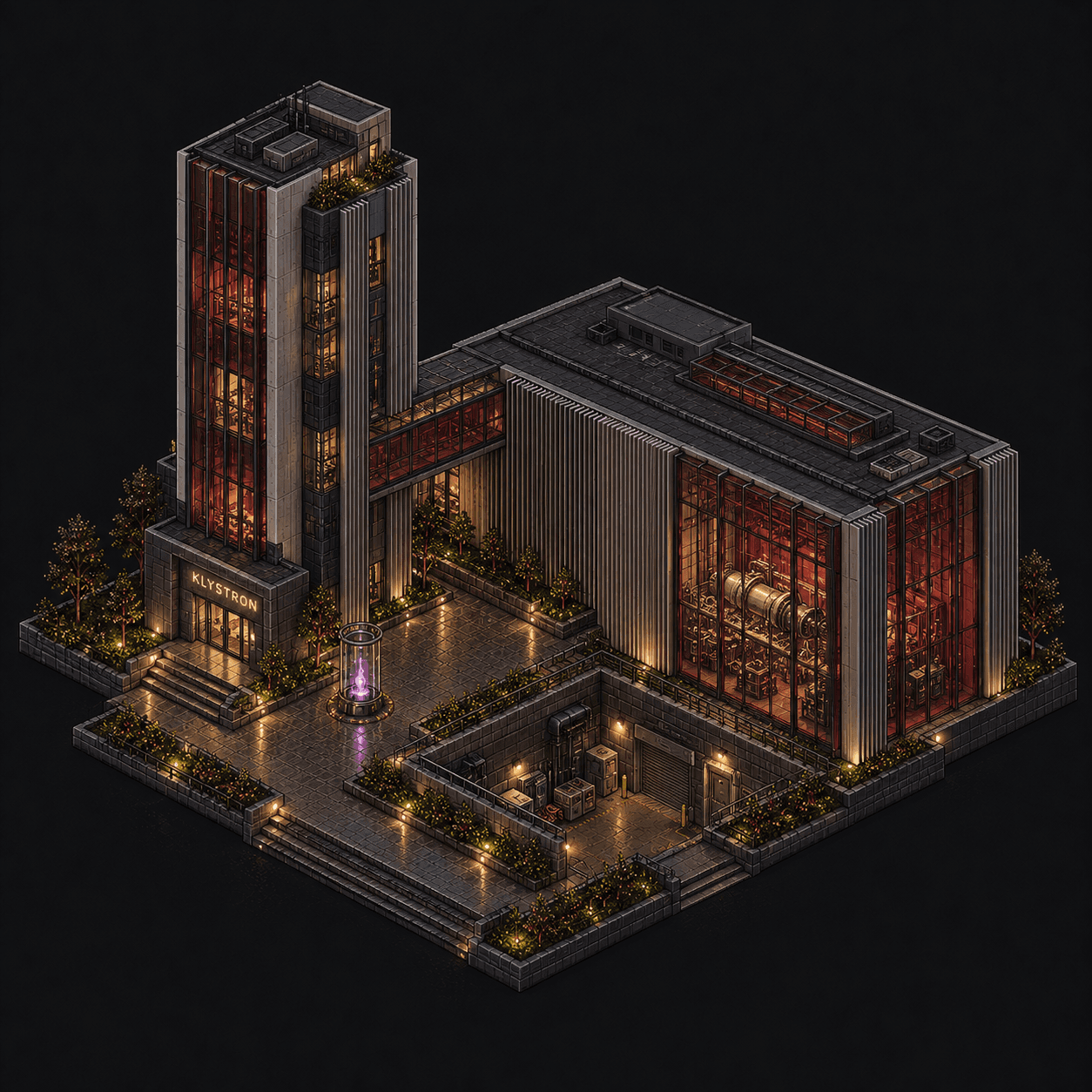 Isometric pixel-art headquarters of Klystron