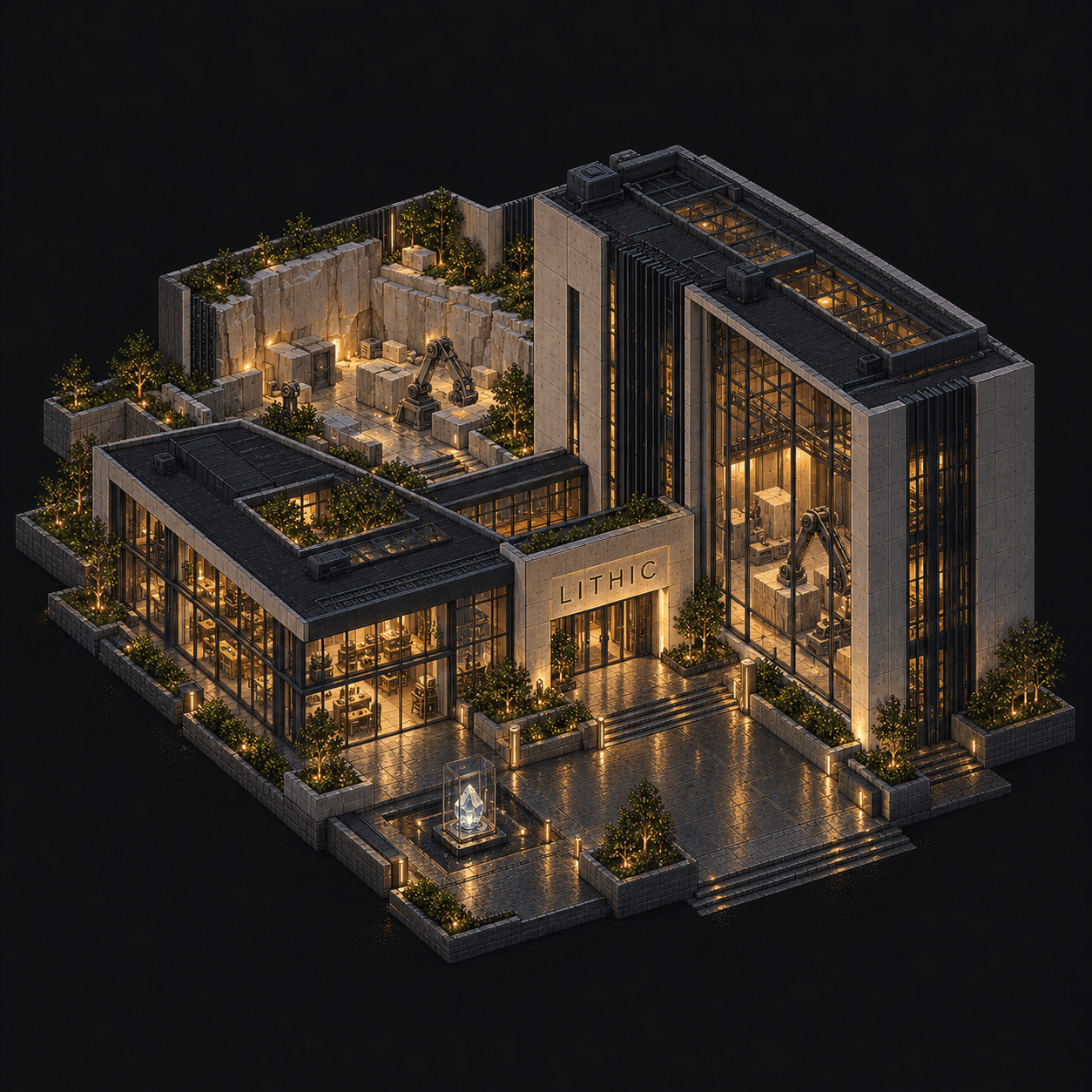 Isometric pixel-art headquarters of Lithic