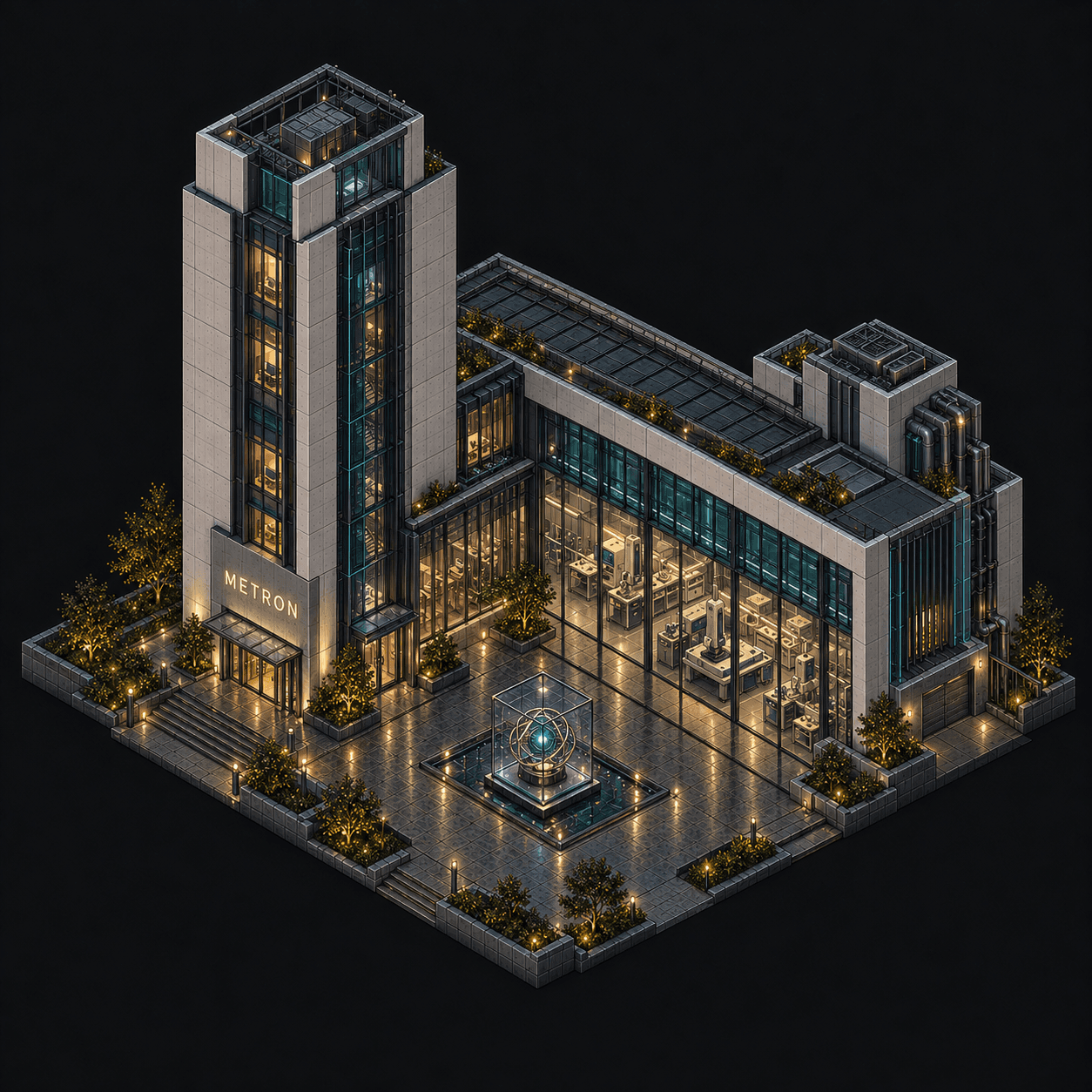 Isometric pixel-art headquarters of Metron
