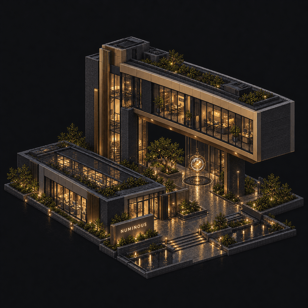 Isometric pixel-art headquarters of Numinous