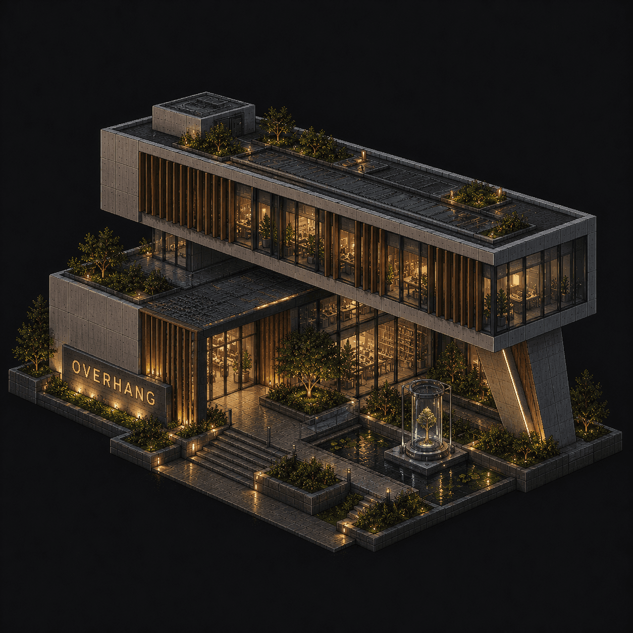 Isometric pixel-art headquarters of Overhang