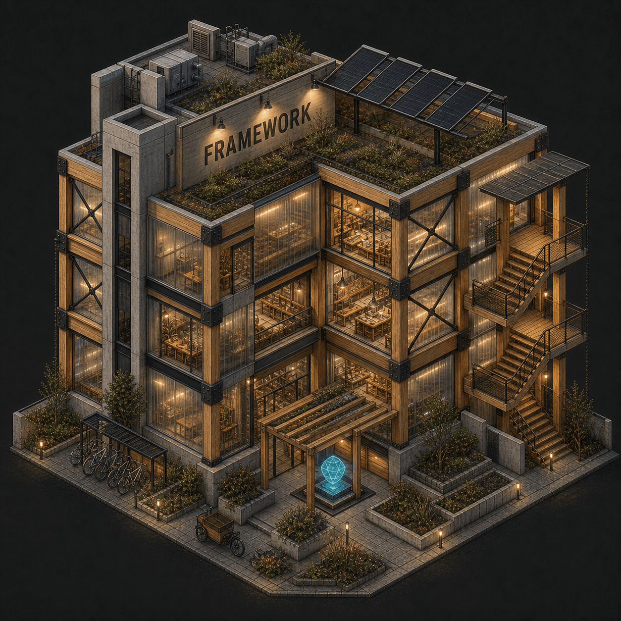 Isometric pixel-art headquarters of Framework
